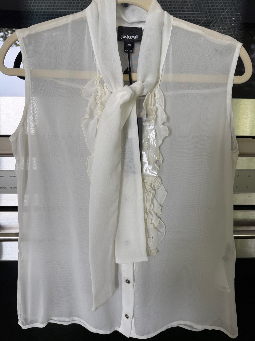 Just Cavalli white Sheer Sleeveless Tie-Neck Blouse